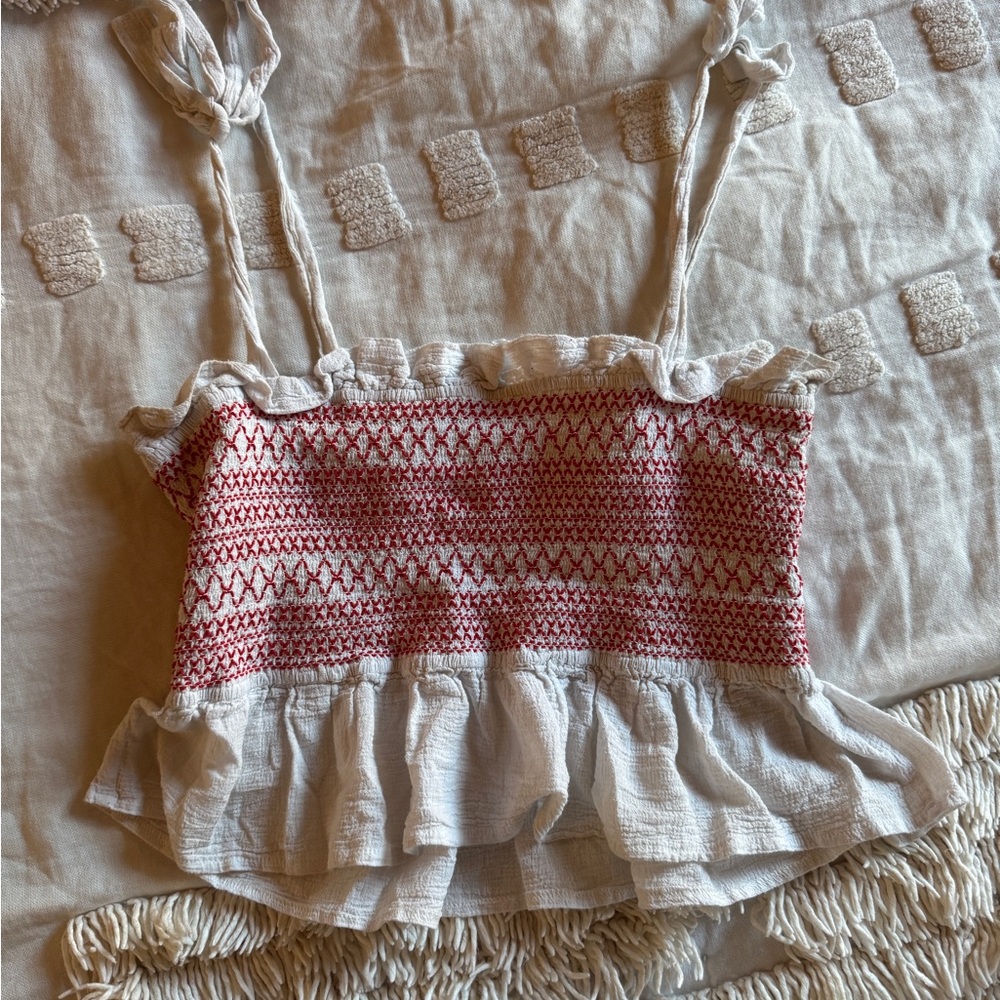 Red and White Smocked Ruffle Top